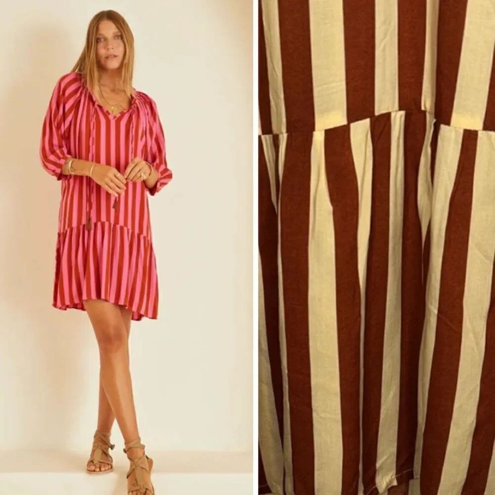 NWT Natalie Martin Stevie Dress Maroon/ Cream Bold Stripe XS